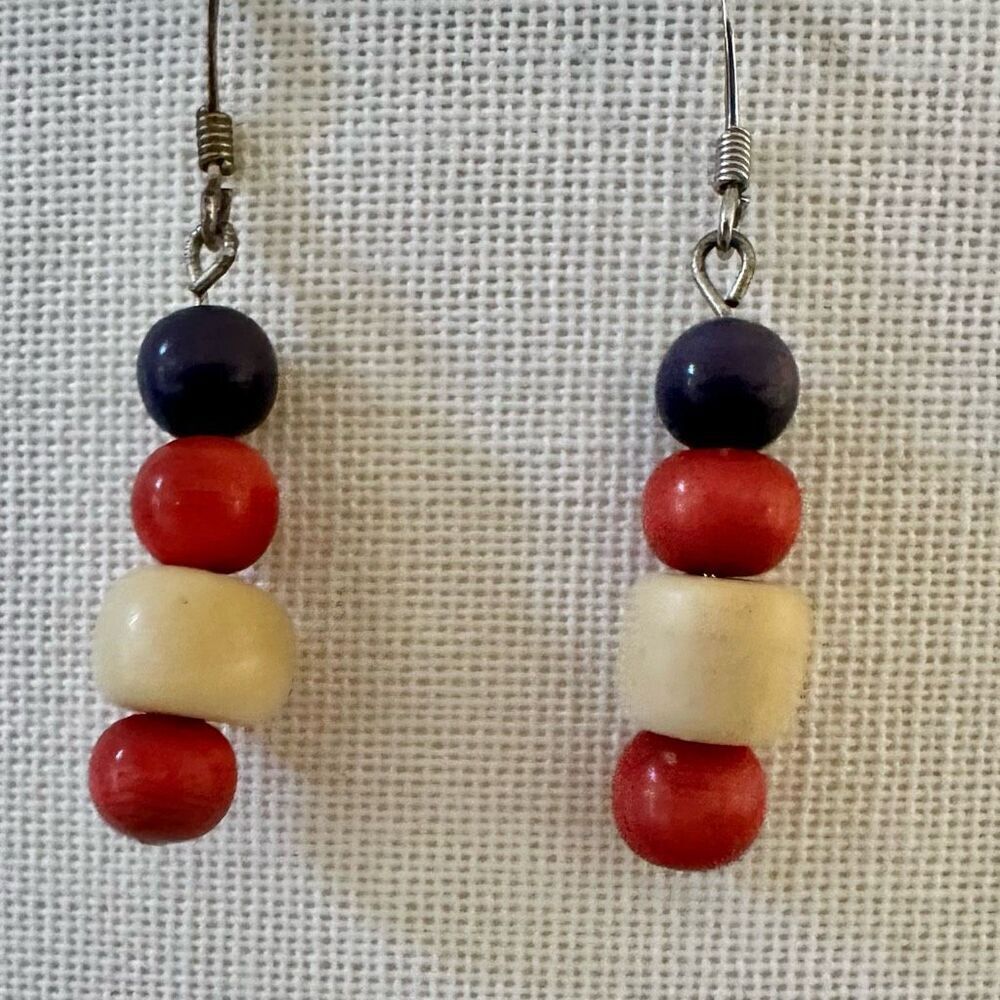 Red purple tan beaded earrings